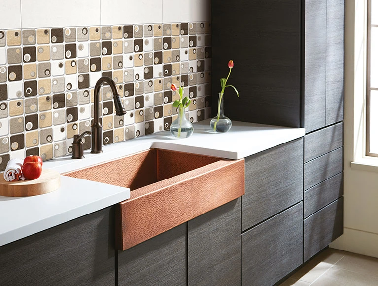 Modern simple kitchen design with fruit themed cambine with dark-colored cabinets